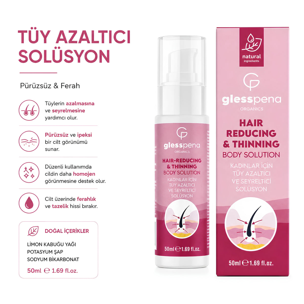 Gless Pena Tüy Etkili Tüy Azaltıcı Solüsyon Kadın, istenmeyen tüylerin görünümünü azaltmak, seyrekleştirmek ve tüy çıkış süresini uzatmak amacıyla %100 doğal içeriklerle özel olarak geliştirilmiştir.