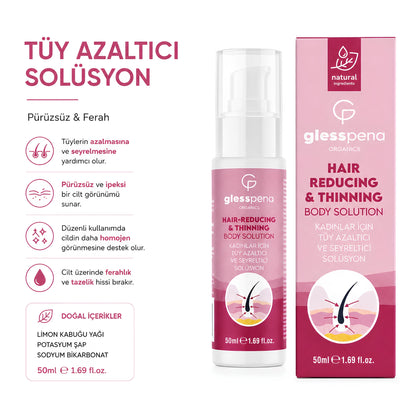 Gless Pena Tüy Etkili Tüy Azaltıcı Solüsyon Kadın, istenmeyen tüylerin görünümünü azaltmak, seyrekleştirmek ve tüy çıkış süresini uzatmak amacıyla %100 doğal içeriklerle özel olarak geliştirilmiştir.