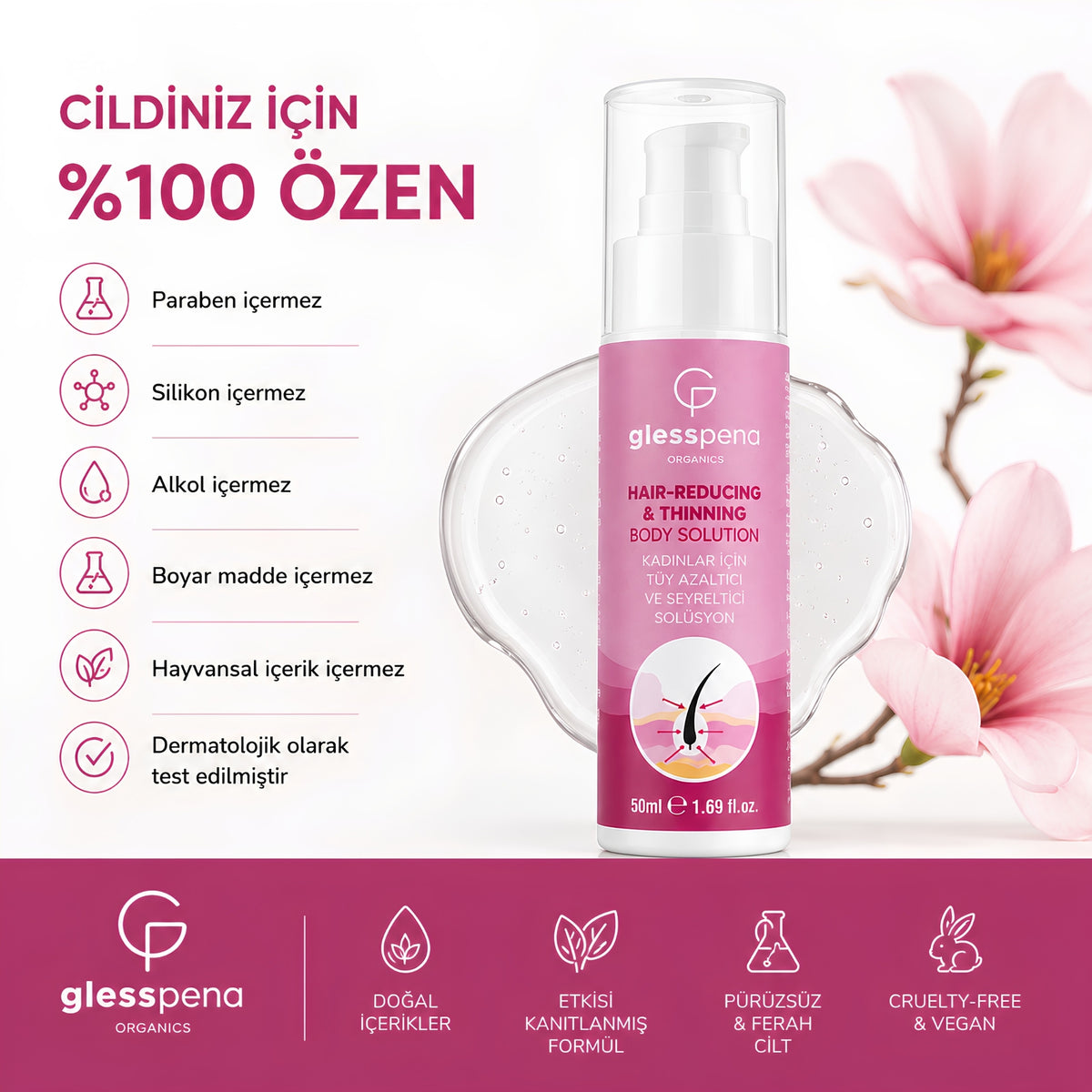 Gless Pena Tüy Etkili Tüy Azaltıcı Solüsyon Kadın, istenmeyen tüylerin görünümünü azaltmak, seyrekleştirmek ve tüy çıkış süresini uzatmak amacıyla %100 doğal içeriklerle özel olarak geliştirilmiştir.