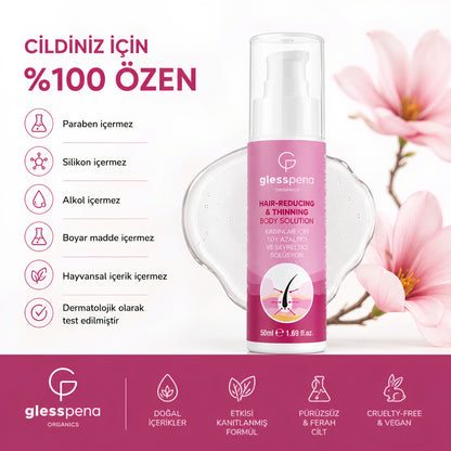 Gless Pena Tüy Etkili Tüy Azaltıcı Solüsyon Kadın, istenmeyen tüylerin görünümünü azaltmak, seyrekleştirmek ve tüy çıkış süresini uzatmak amacıyla %100 doğal içeriklerle özel olarak geliştirilmiştir.