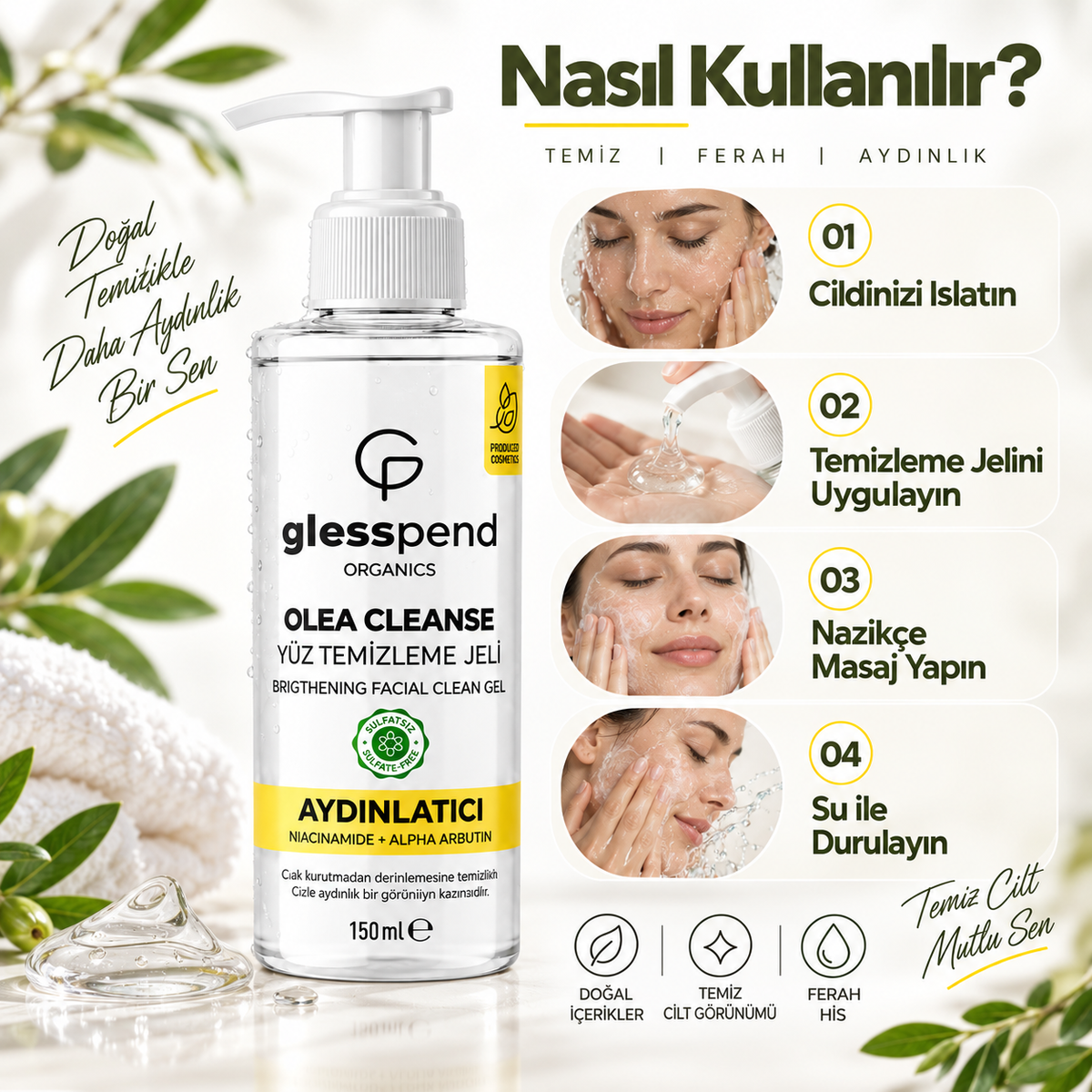 Olea Cleanse Aydınlatıcı Yüz Temizleme Jeli 200 ml – Niacinamide & Alpha Arbutin