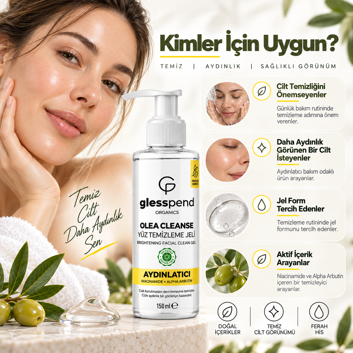 Olea Cleanse Aydınlatıcı Yüz Temizleme Jeli 200 ml – Niacinamide & Alpha Arbutin