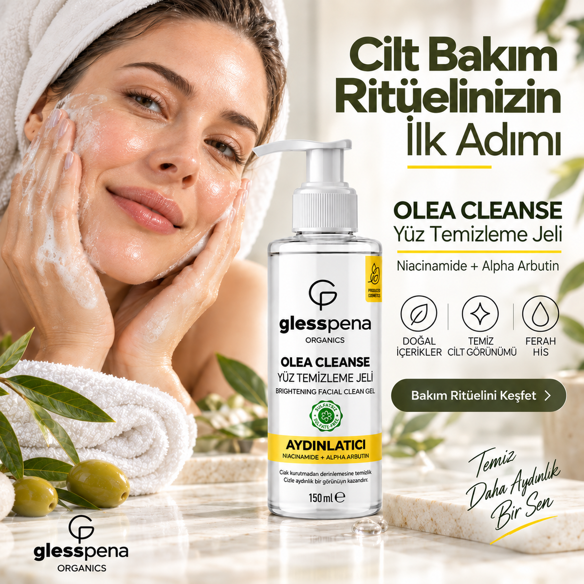 Olea Cleanse Aydınlatıcı Yüz Temizleme Jeli 200 ml – Niacinamide & Alpha Arbutin